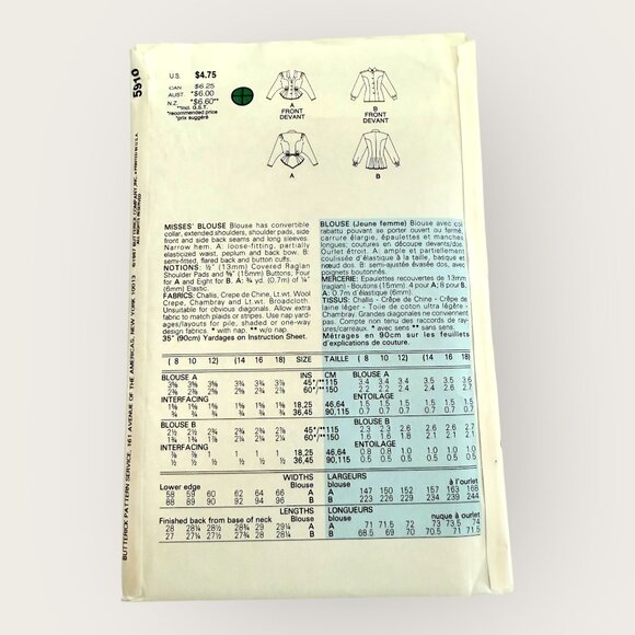 Vintage 1980s Butterick Sewing Pattern 5910 Misses Blouse Size 8-12 - Picture 2 of 2